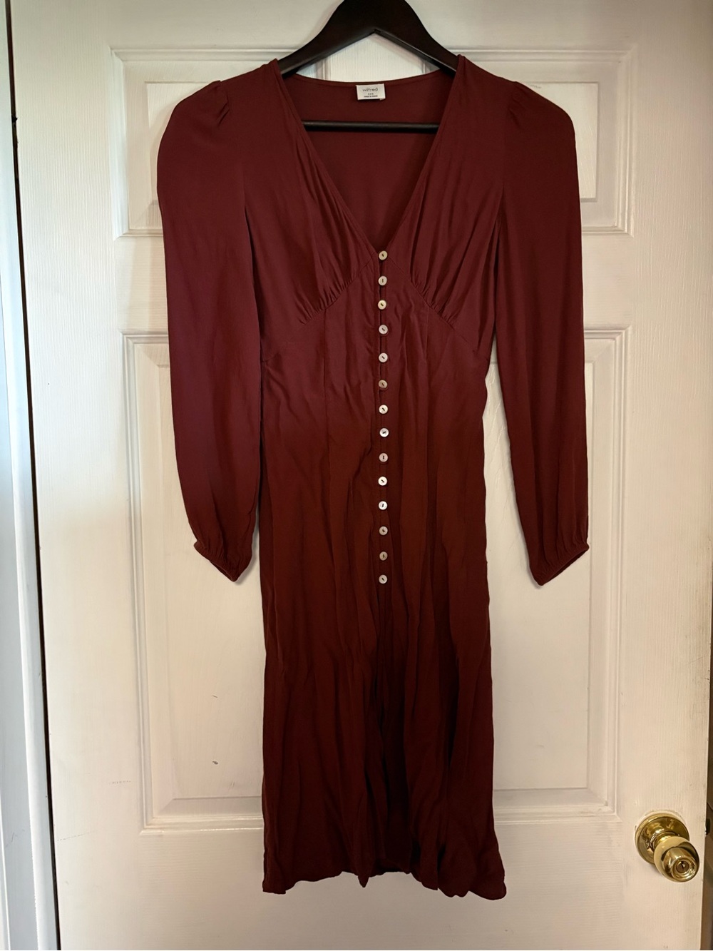Wilfred Maroon Button-Front Long Sleeve V-Neck Dress